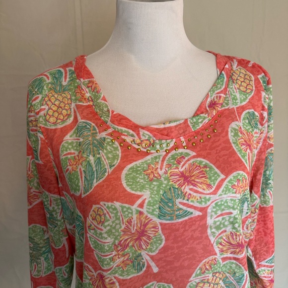 Hearts of Palm tropical print blouse embellished neck coral lime pineapple large - Picture 2 of 16